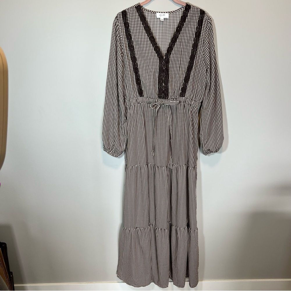 Gilli Women’s Brown Gingham Cottagecore Prairie Long Sleeve Dress Large